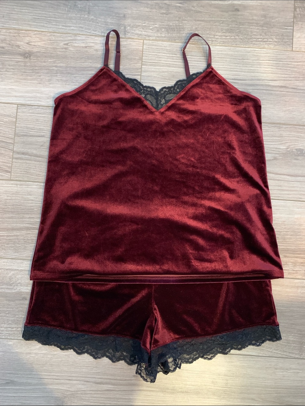 INC International Concepts Velvet Lace Cami & Shorts Set - Burgundy and Black
